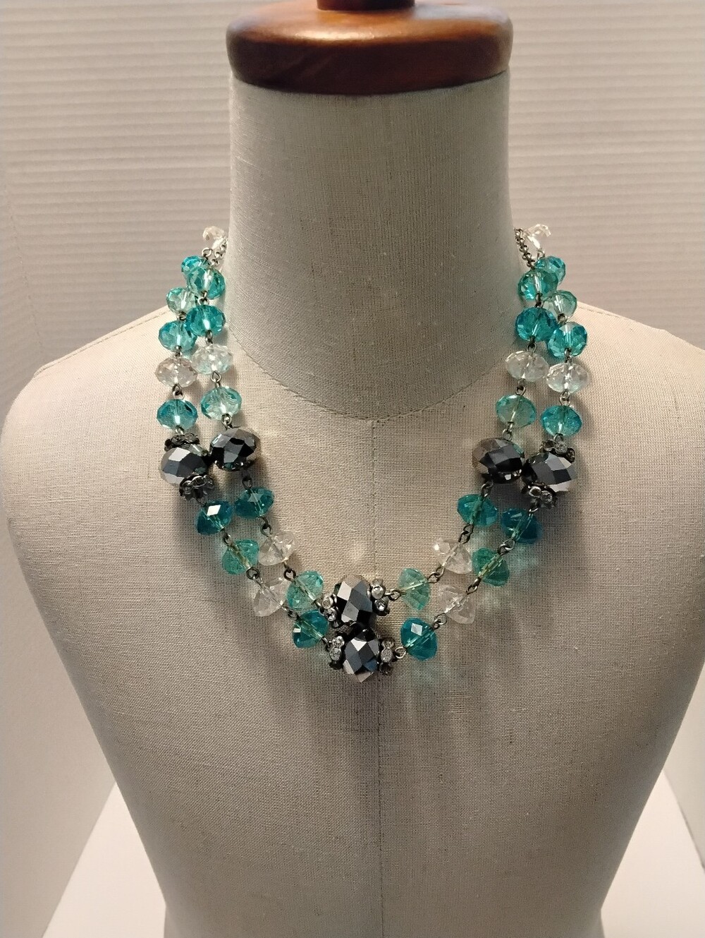 TRIFARI CROWN Beaded Statement Necklace In Blue, Silver and Clear Crystal